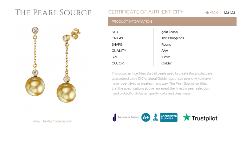Golden South Sea Pearl & Diamond Leana Earrings-Certificate