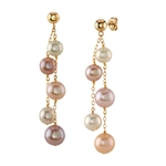 14K Gold Double Freshwater Multicolor Pearl Dangling Cluster Earrings
