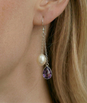 White Freshwater Drop Shape Cultured Pearl & amethyst Earrings - Secondary Image