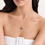 Model is wearing Devon Pendant with 10mm AAAA quality pearls