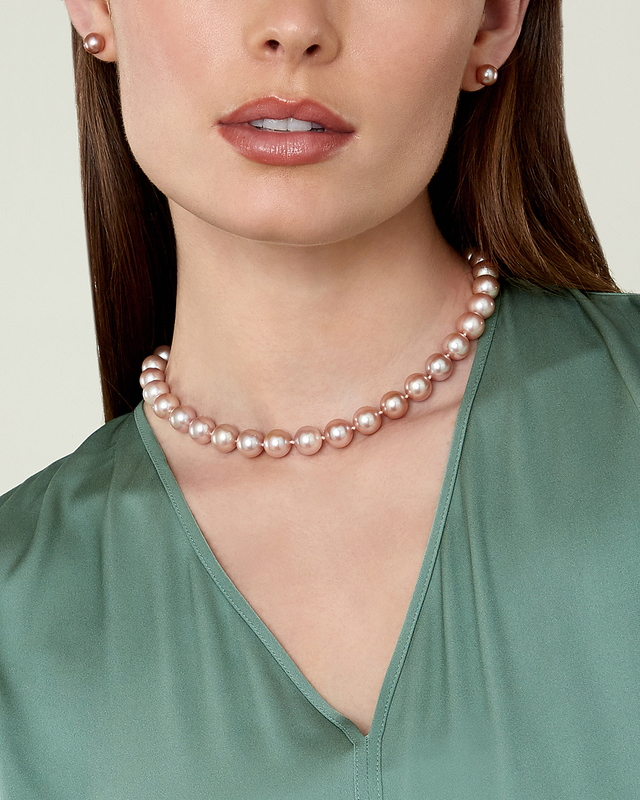9.5-10.5mm Pink Freshwater Pearl Necklace - AAAA Quality - Model Image