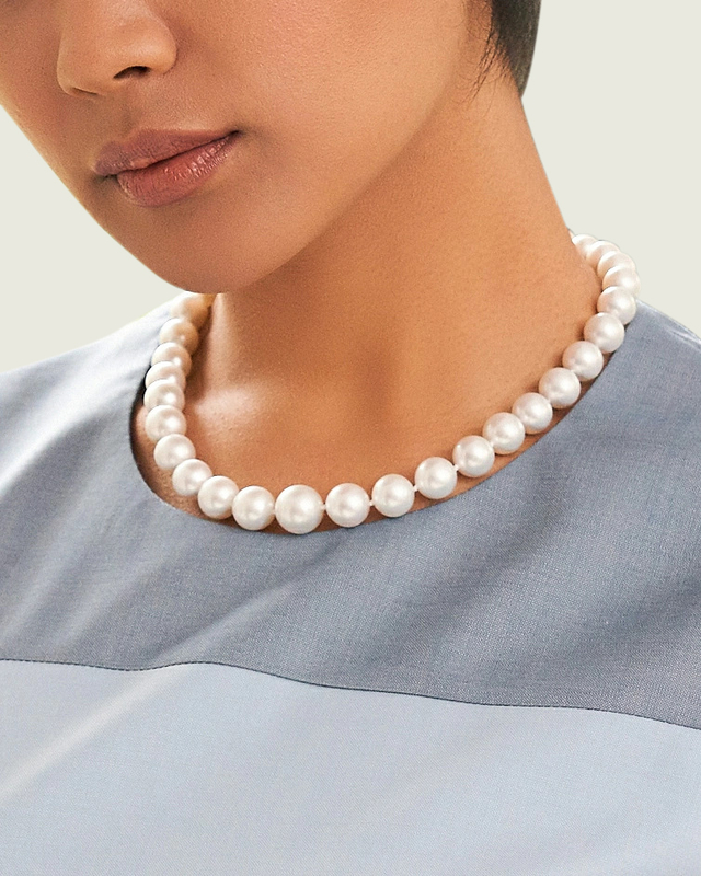 10-11.9mm White South Sea Round Pearl Necklace - AAA Quality - Model Image