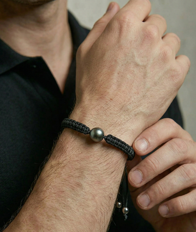 Tahitian South Sea Pearl Braided Wave Bracelet For Men - Various Sizes - Secondary Image
