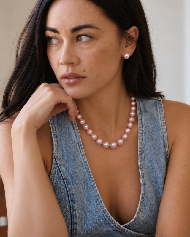 11.5-12.5mm Pink Freshwater Pearl Necklace - AAAA Quality - Secondary Image