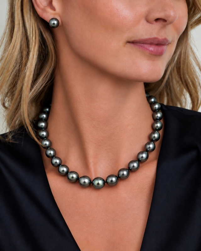 12-14mm Dark Round Tahitian South Sea Pearl Necklace - AAA Quality - Model Image