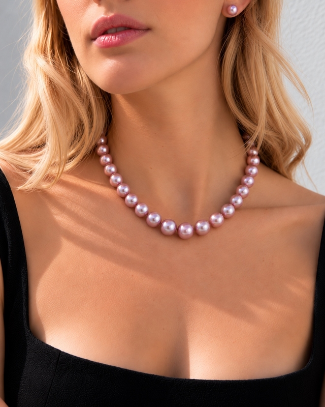 12-14mm Pink Freshwater Pearl Necklace - AAA Quality - Model Image