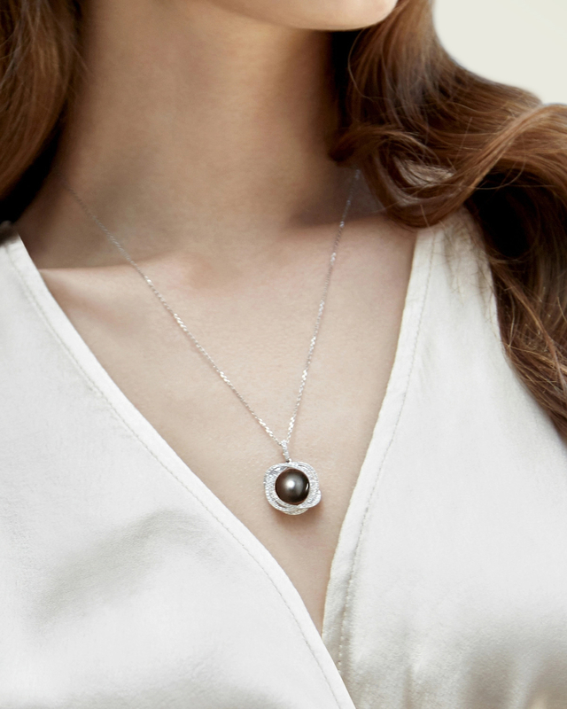 Tahitian South Sea Pearl & Diamond Braided Pendant - Model Image