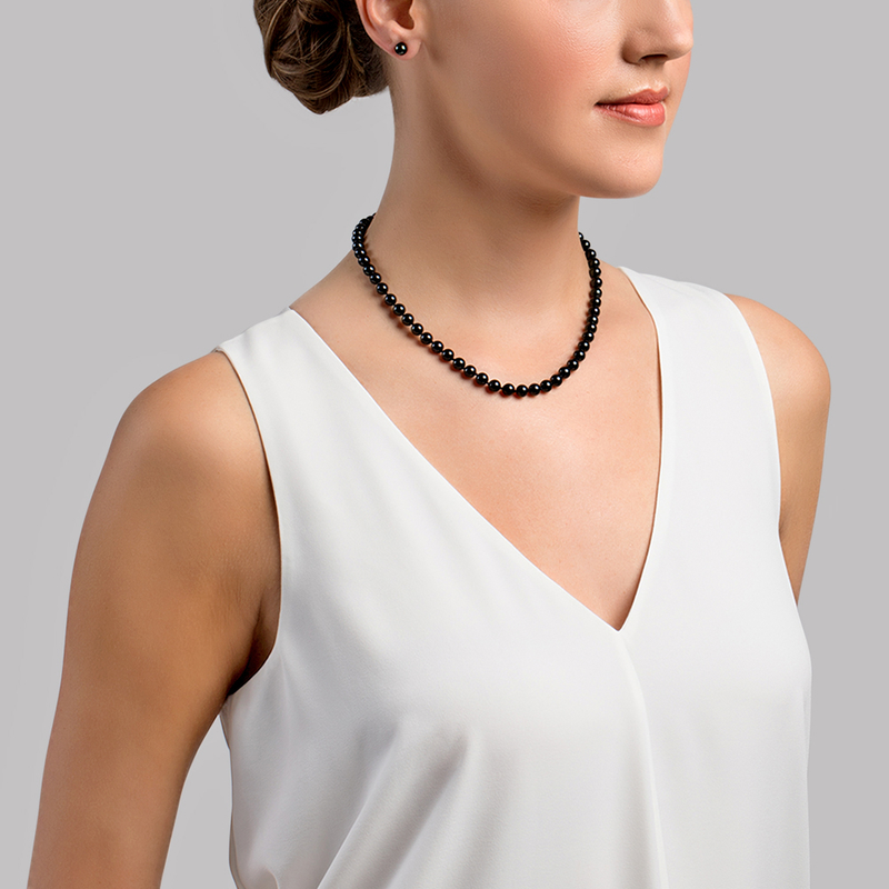 6.0-6.5mm Japanese Akoya Black Pearl Necklace- AAA Quality - Model Image