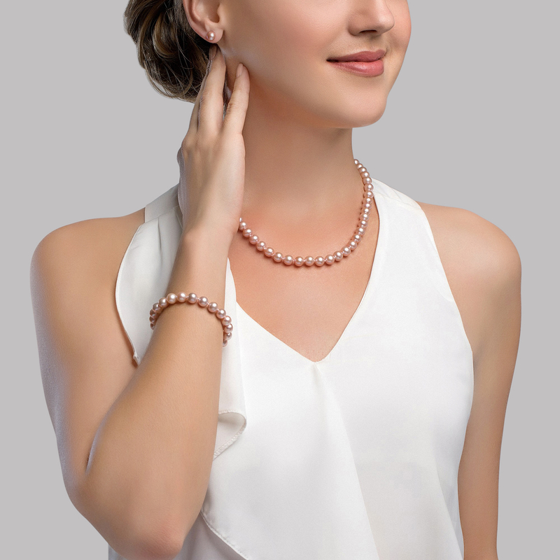7.0-7.5mm Pink Freshwater Pearl Necklace, Bracelet & Earrings - Model Image