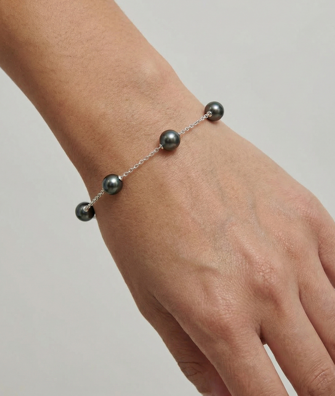 7.0-7.5mm Japanese Akoya Black Pearl Tincup Bracelet - Third Image