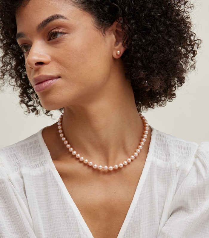 7.0-7.5mm Peach Freshwater Pearl Necklace - AAAA Quality - Model Image