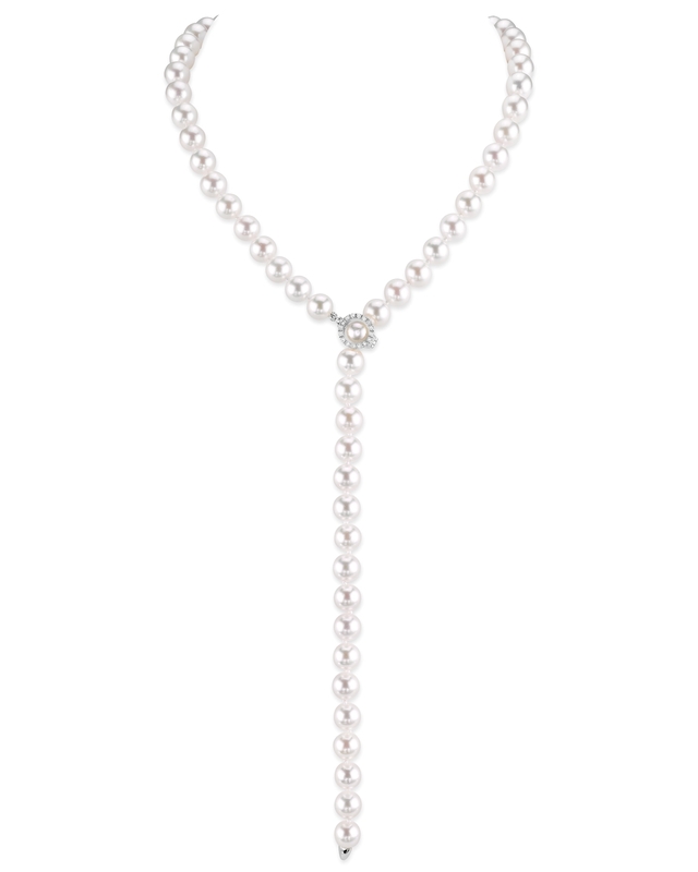 8.0-8.5mm Japanese Akoya White Pearl & Diamond Lariat Y-Shape Adjustable Necklace in Opera Length