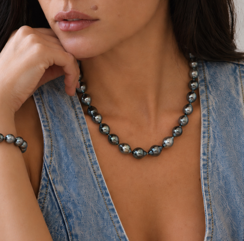 8-10mm Dark Tahitian South Sea Baroque Pearl Necklace - Model Image