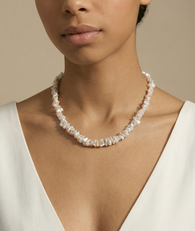 8.0-8.5mm White Freshwater Keshi Pearl Necklace - Model Image