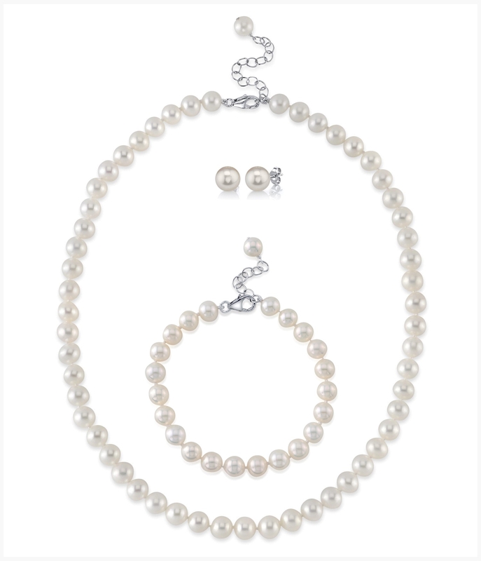 8.0-8.5mm White Freshwater Pearl Adjustable Necklace, Bracelet, Earrings Set
