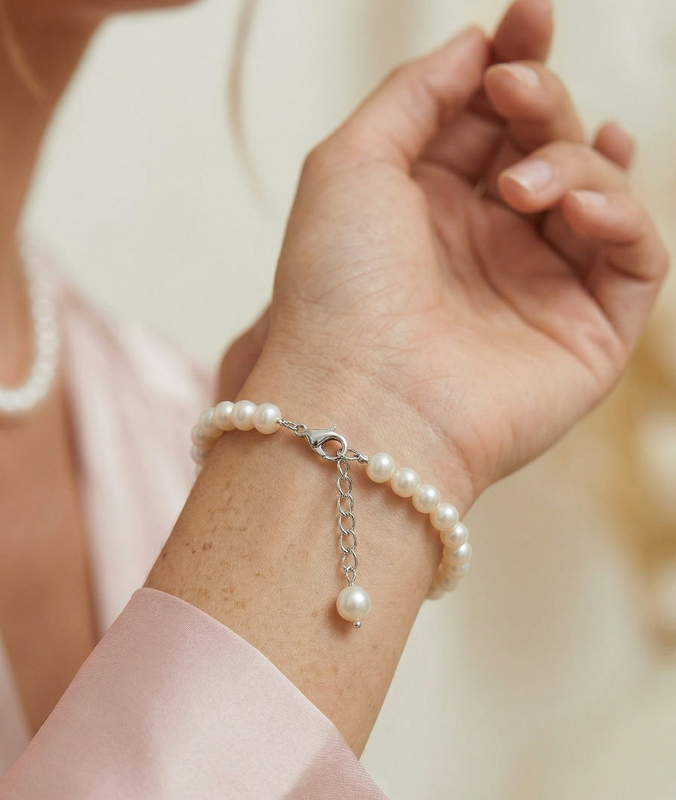 7.5-8.5mm White Freshwater Pearl Adjustable Bracelet - Secondary Image