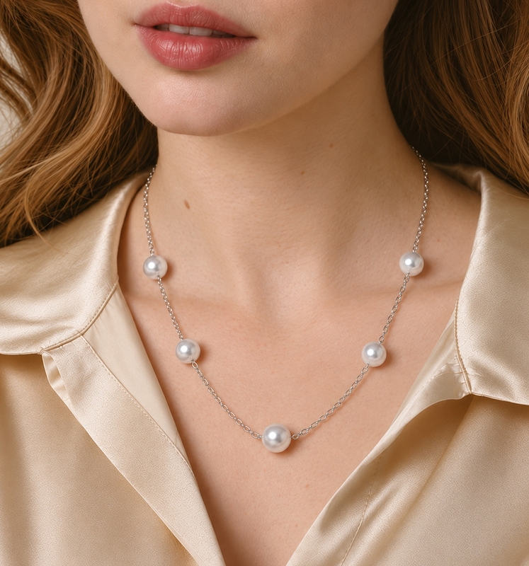 White South Sea Round Pearl Tincup Necklace - Model Image