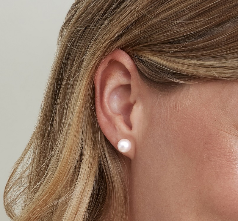 8.0-8.5mm White Akoya Round Pearl Stud Earrings - Model Image
