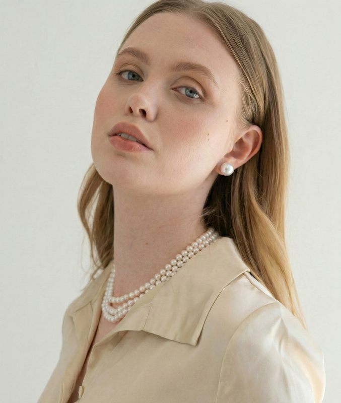 13mm South Sea Round Pearl Stud Earrings - Model Image