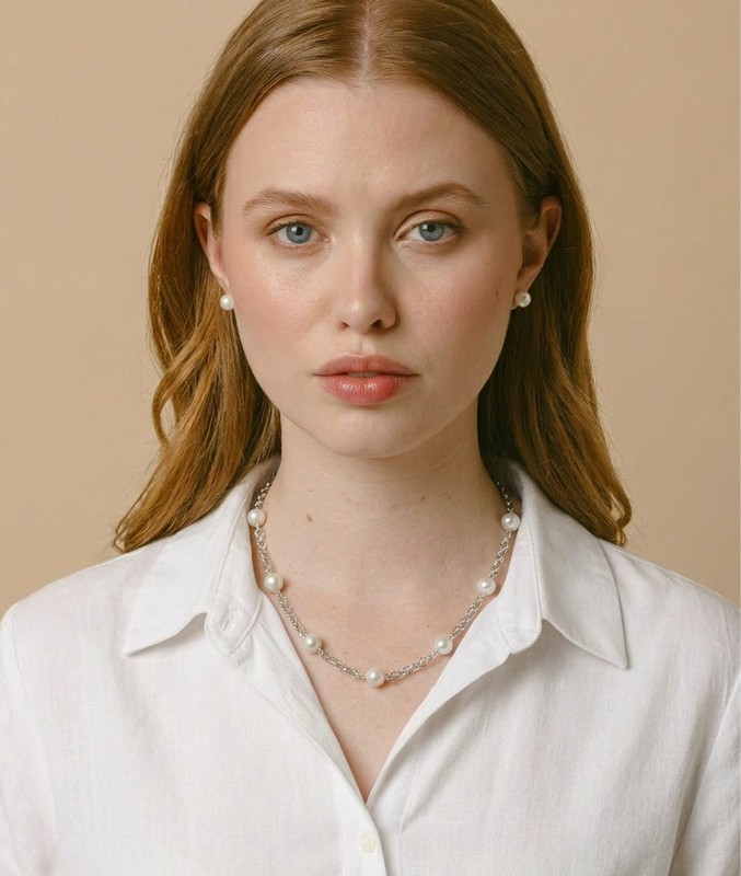 White Freshwater Pearl Tincup Braided Necklace - Model Image