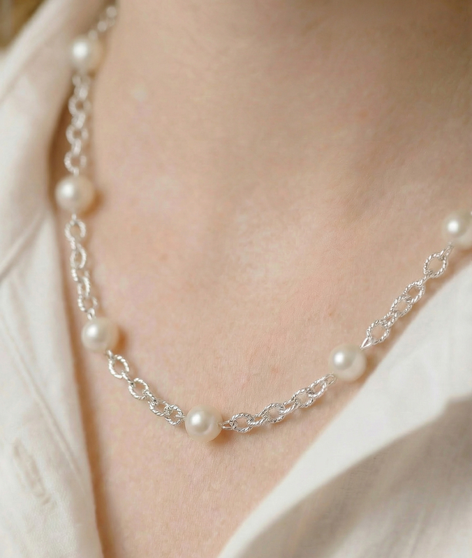 White Freshwater Pearl Tincup Braided Necklace - Secondary Image