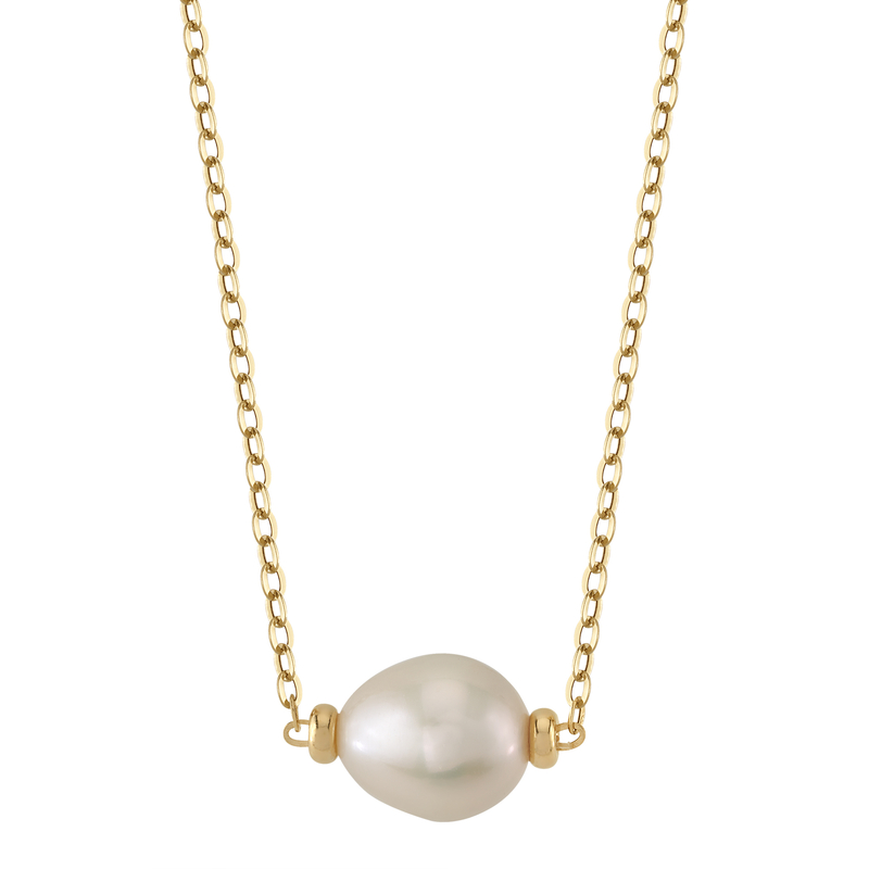 14K Gold White Freshwater Pearl and Chain Eliana Necklace - Model Image
