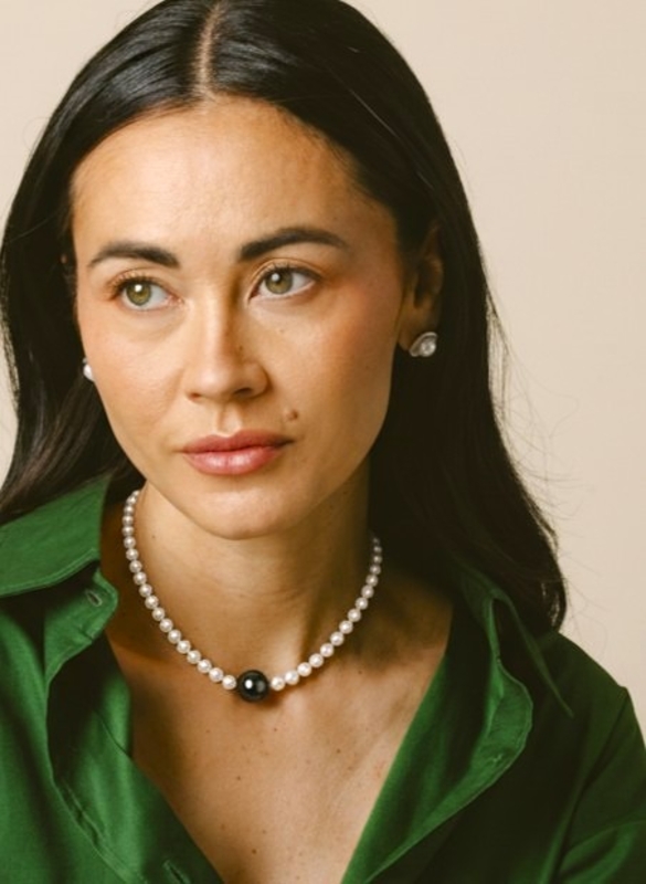 6.0-6.5mm Japanese Akoya White Pearl Necklace With Round Tahitian Center - Model Image