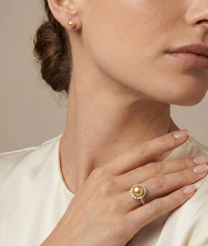 Golden Pearl & Diamond Sage Ring - Model Image