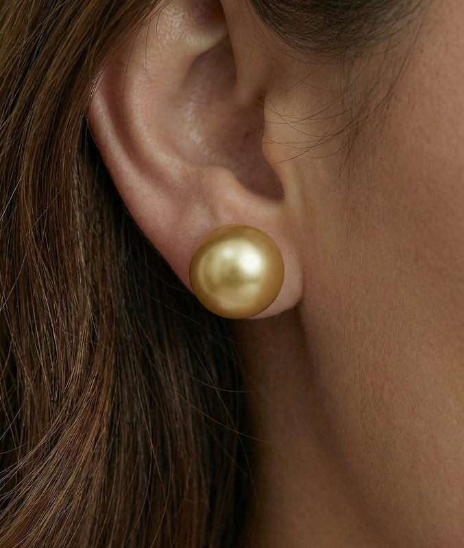 12mm Golden South Sea Round Pearl Stud Earrings - Secondary Image
