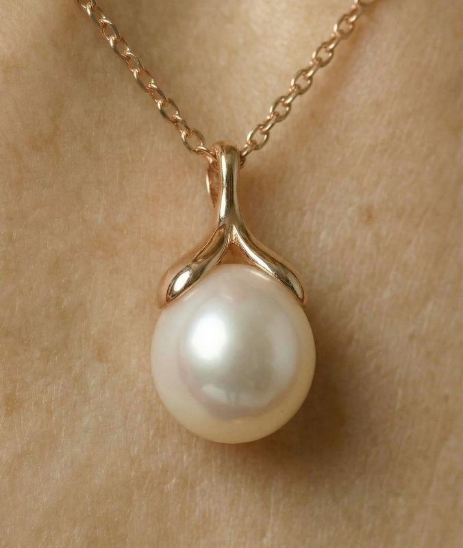 10-11mm Freshwater Pearl Rose Gold Plated Olive Drop Pendant - Secondary Image