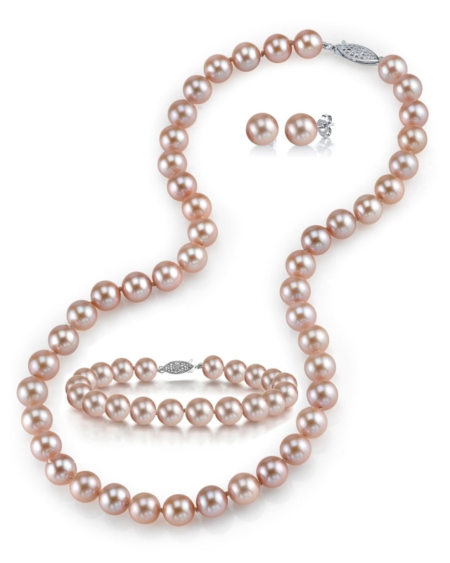 8.5-9.5mm Pink Freshwater Pearl Necklace, Bracelet & Earrings