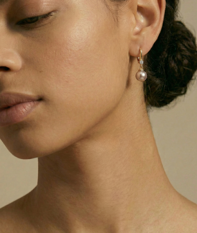 Pink Freshwater Pearl & Diamond Michelle Earrings - Model Image