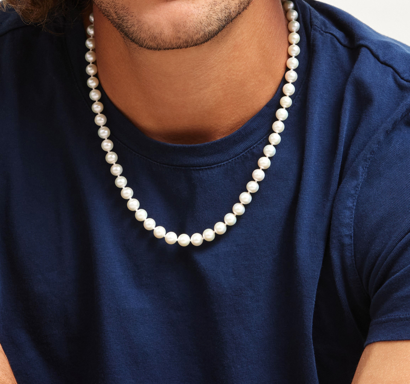 8.0-8.5mm White Freshwater Pearl Adjustable Necklace for Men - Model Image