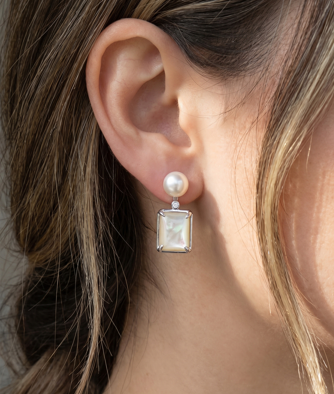 White Freshwater Pearl & Mother of Pearl Aubrey Earrings - Secondary Image