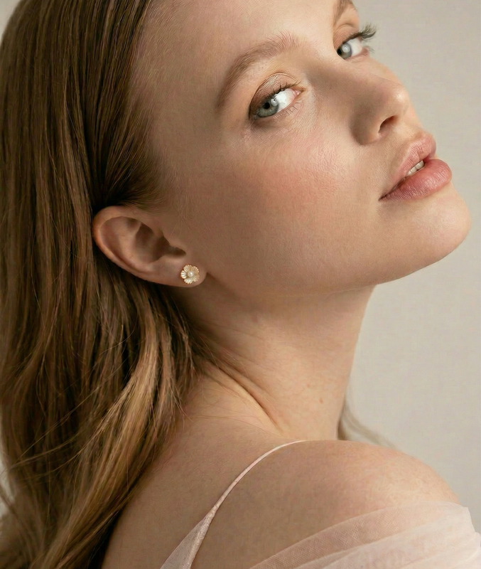 White Freshwater Button - Shape Cultured Pearl on Mother of Pearl Flower Lotus Earrings - Model Image