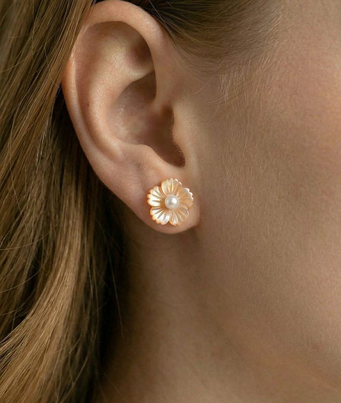 White Freshwater Button - Shape Cultured Pearl on Mother of Pearl Flower Lotus Earrings - Secondary Image