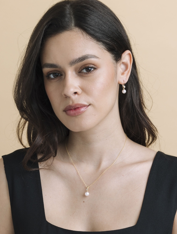 14K Gold White Akoya Cultured Pearl & Diamond Michelle Jewelry Set - Model Image
