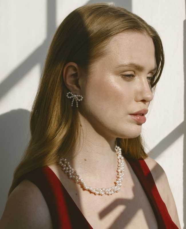 White Freshwater Pearl Bow Earrings - Secondary Image