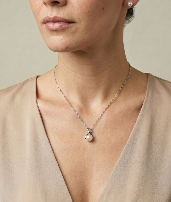 White Freshwater Pearl Infinity Pendant - Model Image