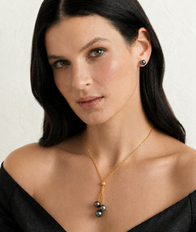 14K Gold Multicolor Tahitian Pearl Tincup Cluster Pendant - Third Image