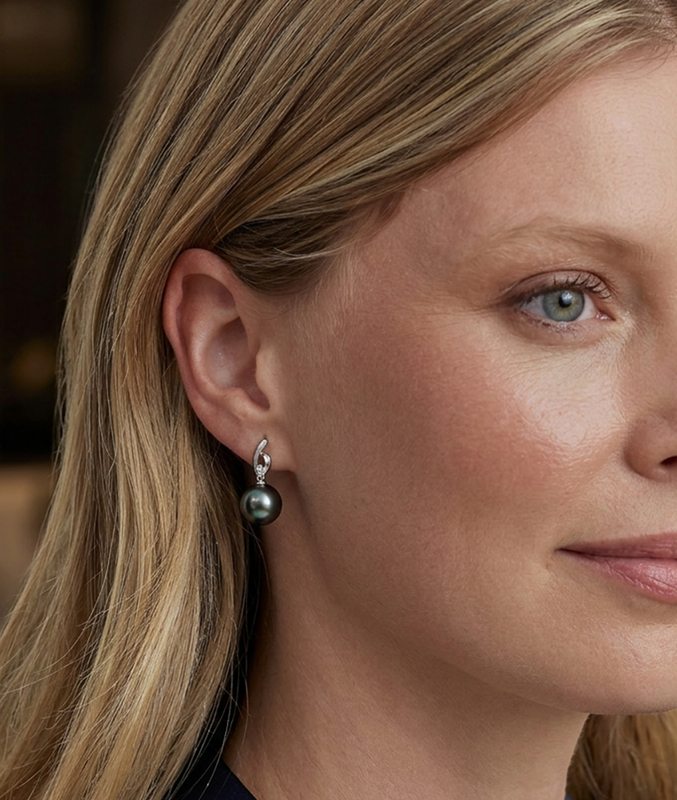 Tahitian South Sea Pearl & Diamond Lois Earrings - Secondary Image