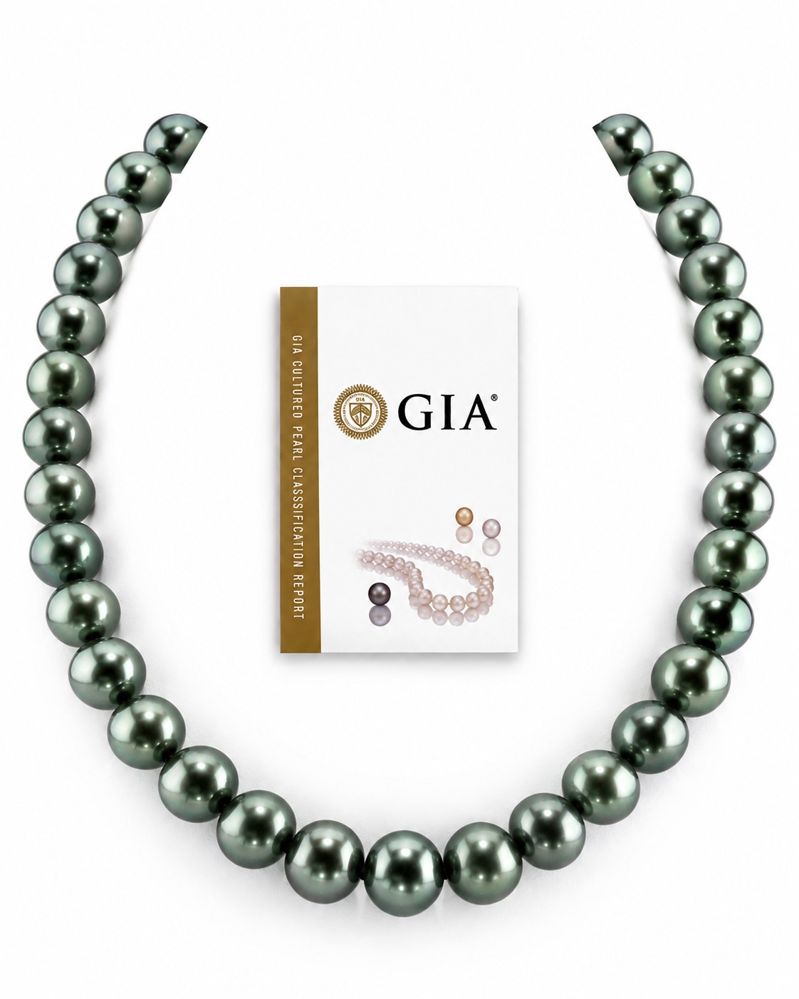 11-13mm Rare AAAA Quality Green Tahitian Round Pearl Necklace - GIA Certified