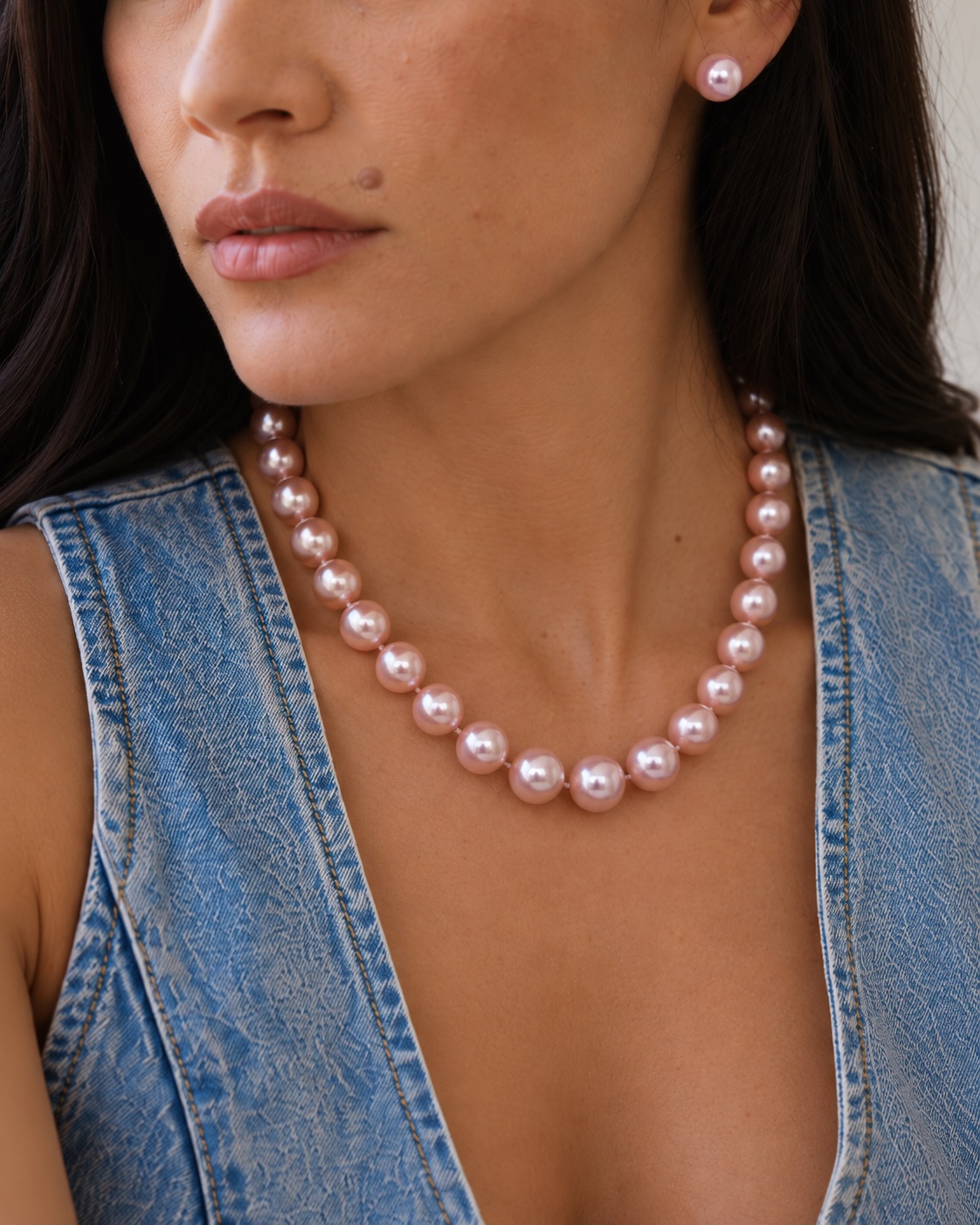 11.5-12.5mm Pink Freshwater Pearl Necklace - AAAA Quality - Model Image