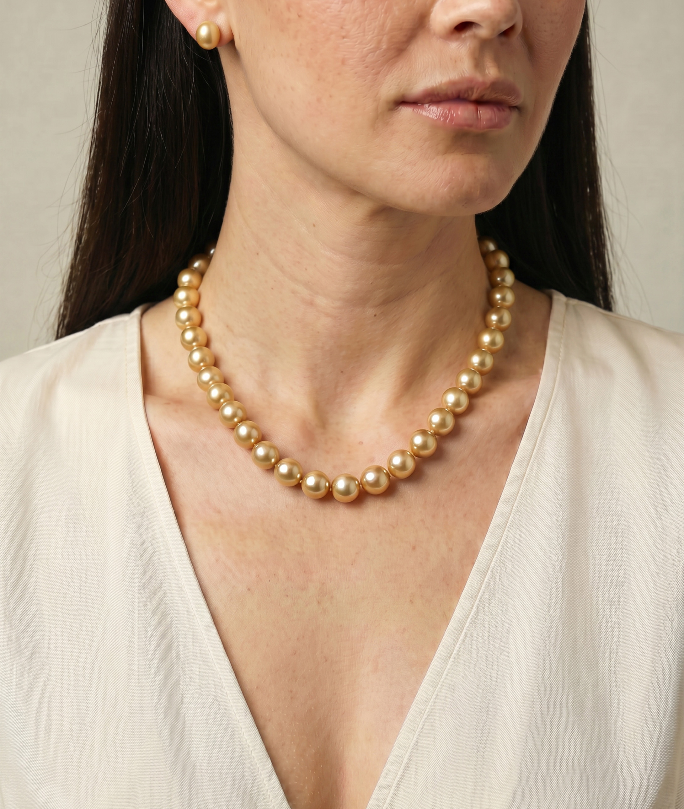 12-14mm Golden South Sea Oval Pearl Necklace - AAAA Quality - Model Image