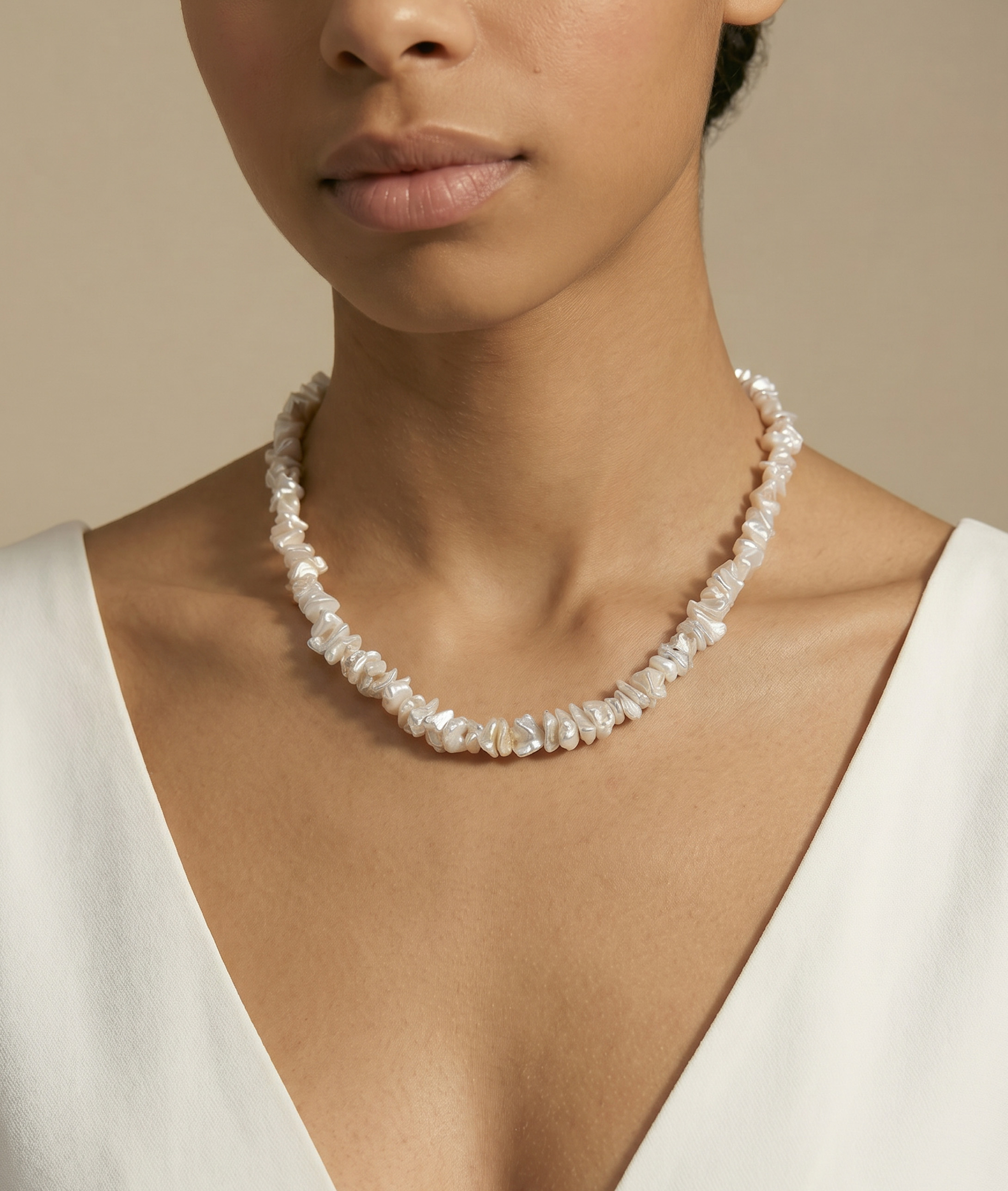 8.0-8.5mm White Freshwater Keshi Pearl Necklace - Model Image