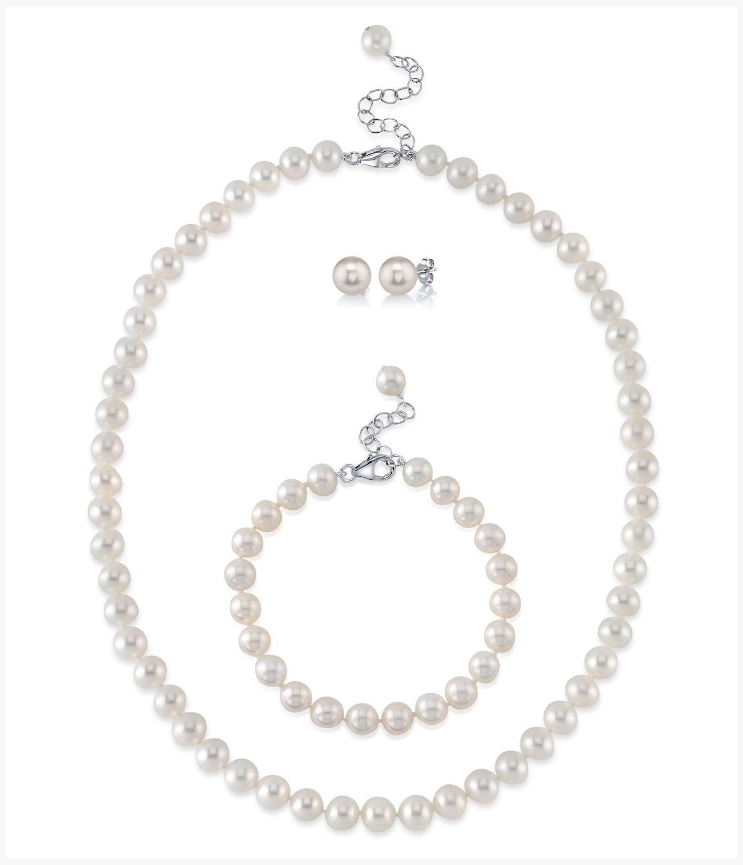 8.0-8.5mm White Freshwater Pearl Adjustable Necklace, Bracelet, Earrings Set