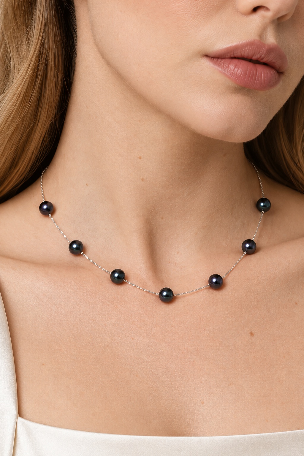 Japanese Akoya Black Pearl Tincup Necklace - Model Image