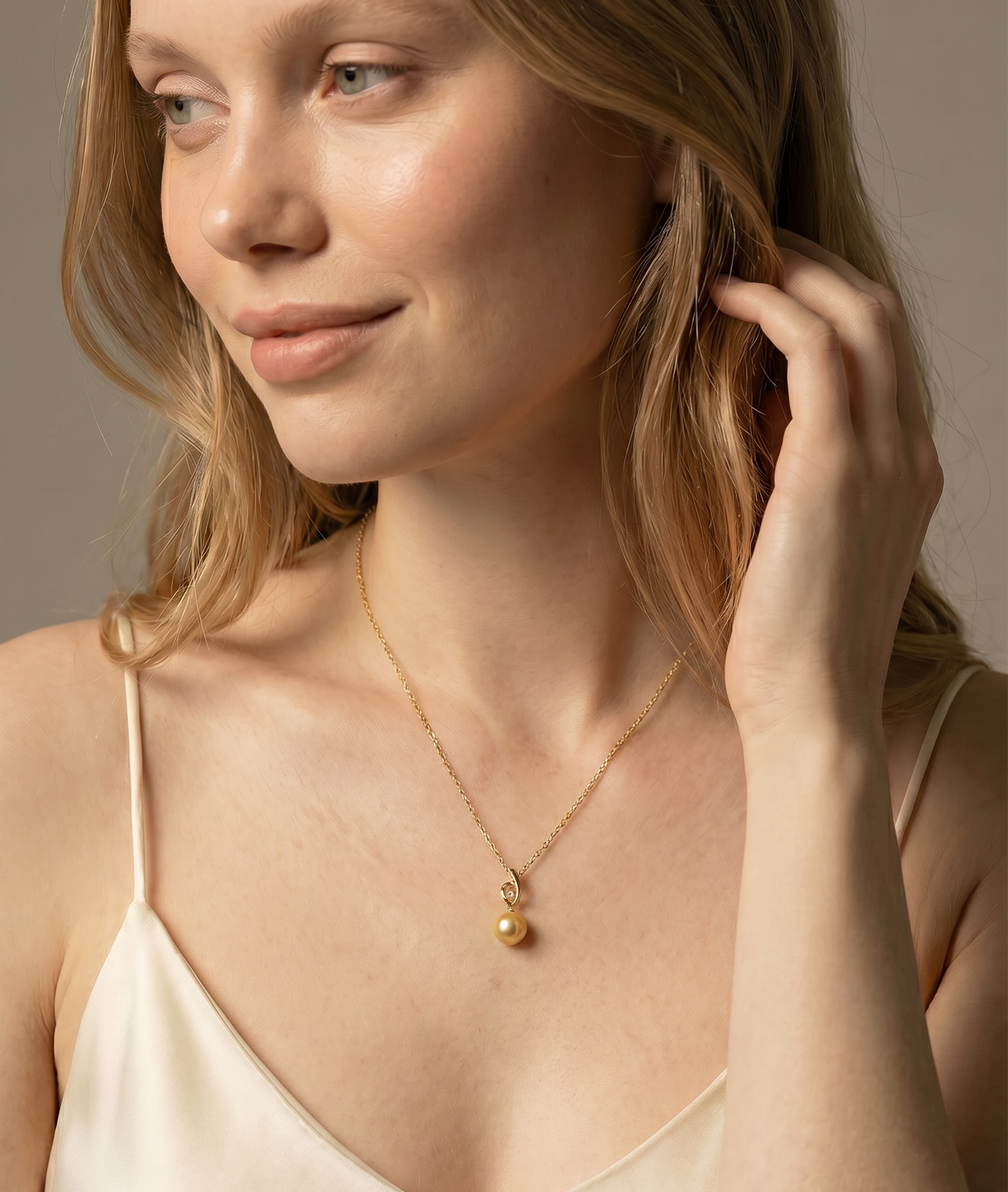 Golden Pearl & Diamond Lois Pendant - Model Image