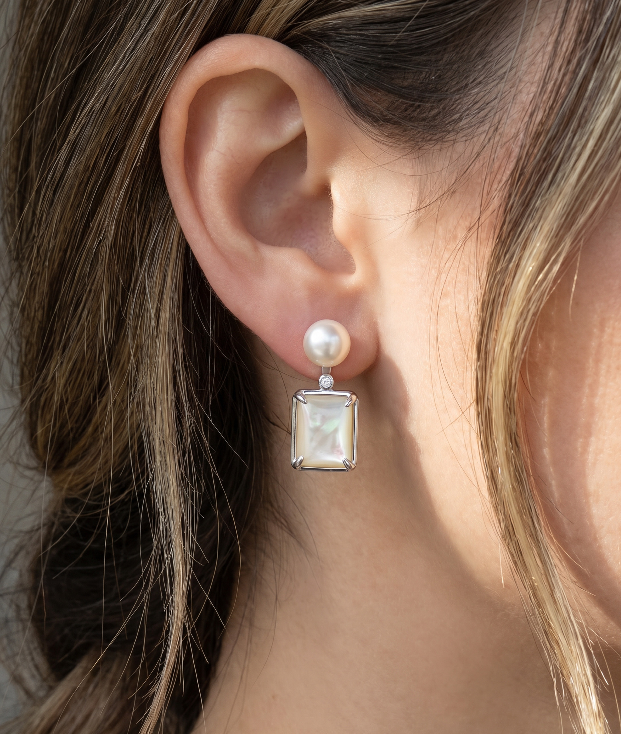 White Freshwater Pearl & Mother of Pearl Aubrey Earrings - Secondary Image