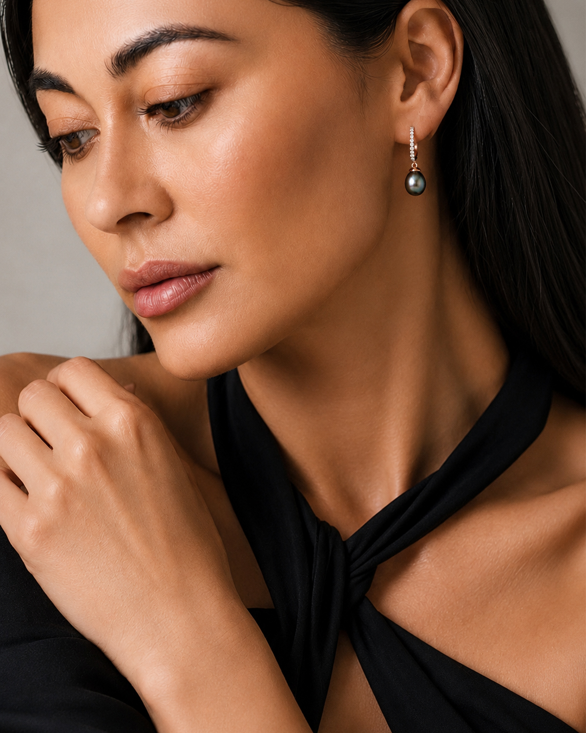 Tahitian South Sea Pearl Rose Gold Plated Zara Earrings - Model Image